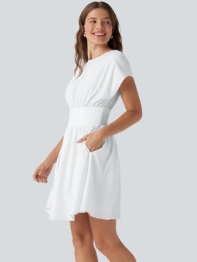 HALARA Breezeful Batwing Short Sleeve Flowy Quick Dry Mini Work Dress.
